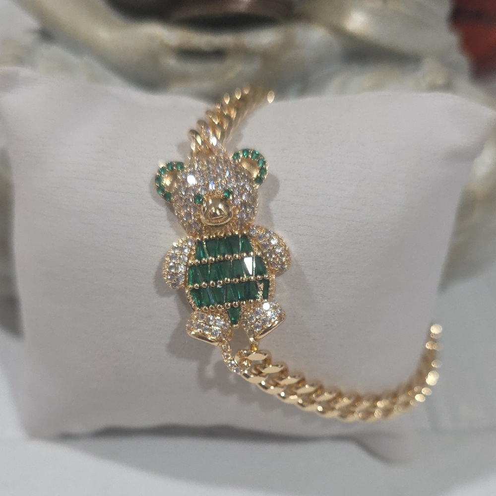 14k Gold Plated Green Bear Charm Bracelet